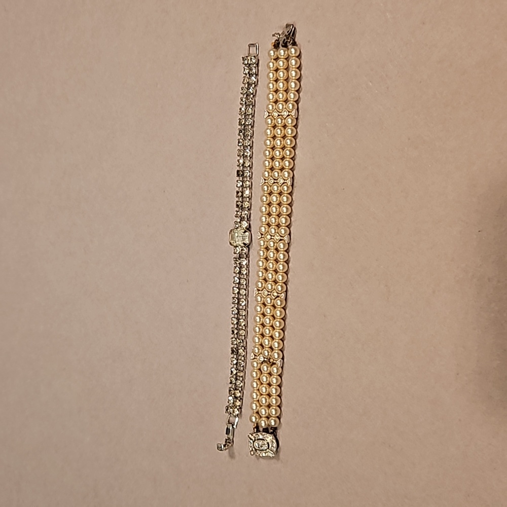 Vintage Double Row Faux Diamond Crystal & Triple Row Faux Pearl Bracelets